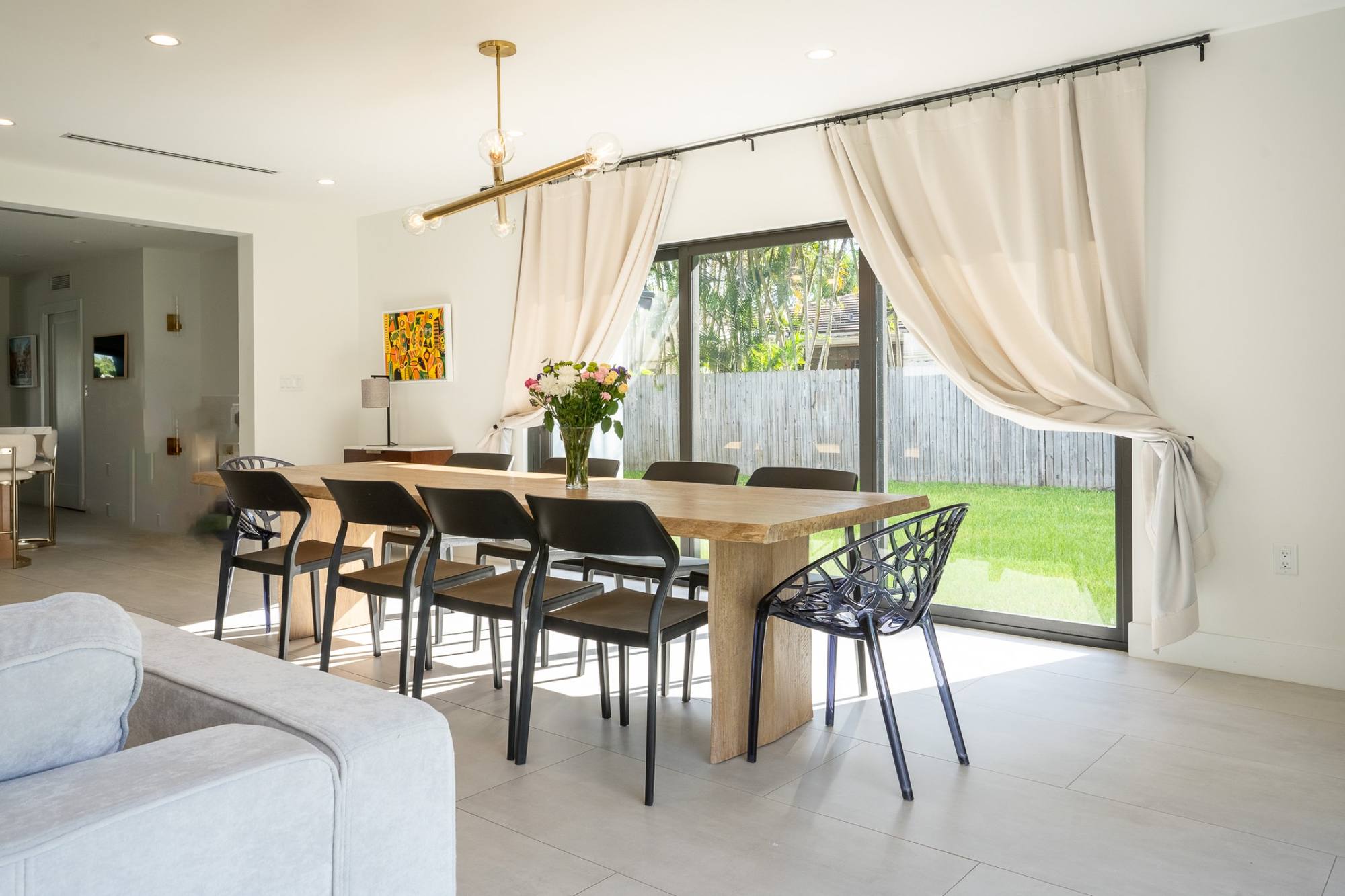 A finished dining room opened to the garden